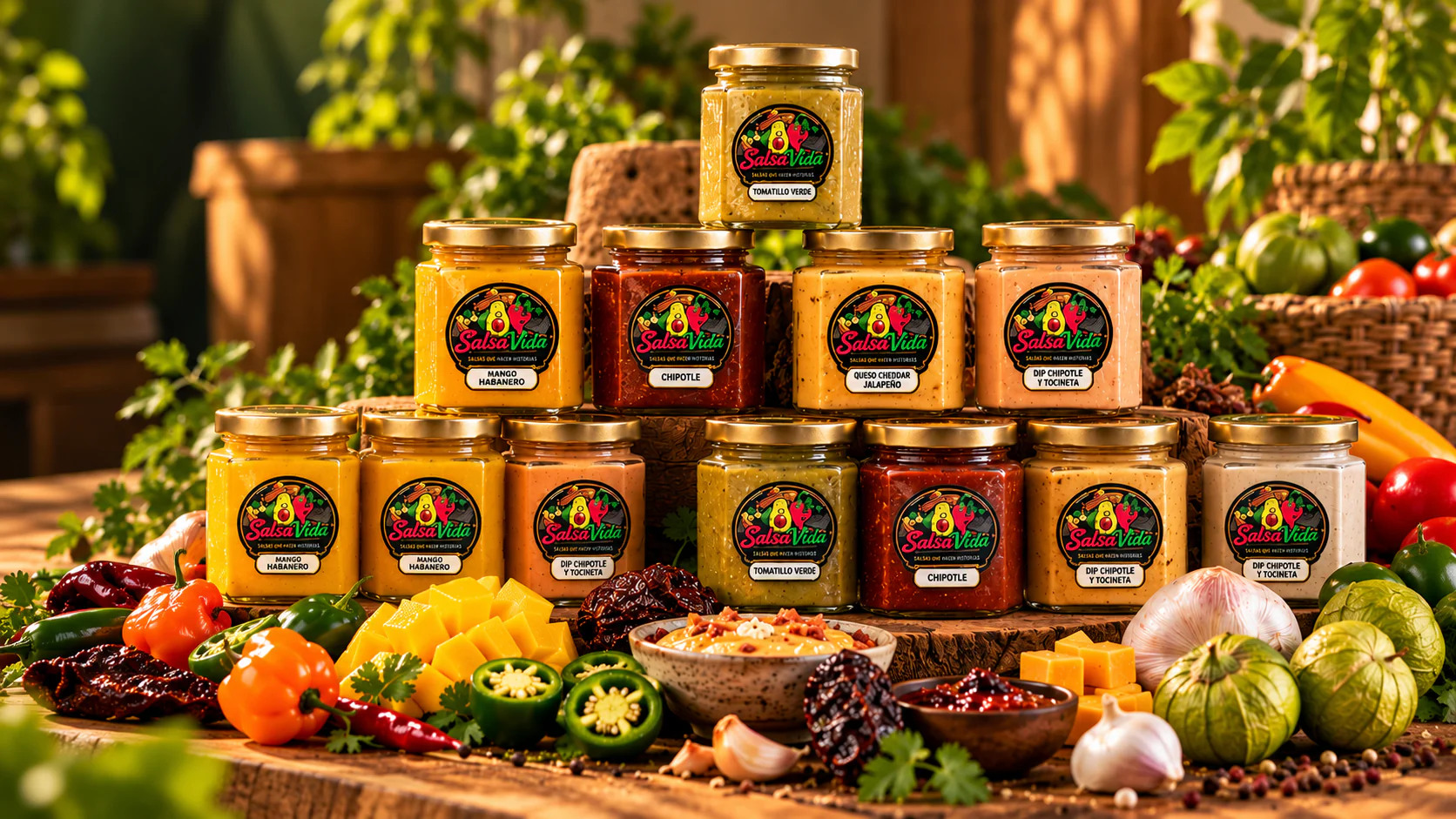 Colección Salsa Vida: composición grupal de los frascos de salsas y dips de la marca