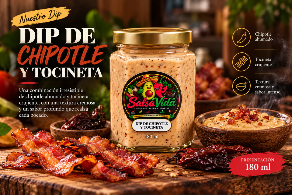 Composición de marca de Dip Chipotle y Tocineta, presentación de 180 ml