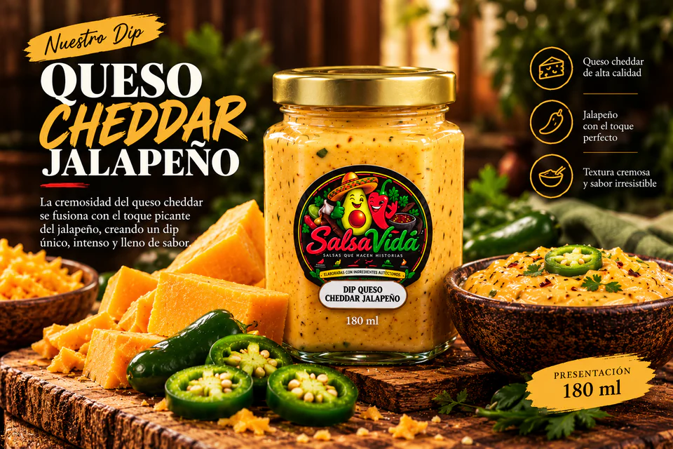 Composición de marca de Dip Queso Cheddar Jalapeño, presentación de 180 ml