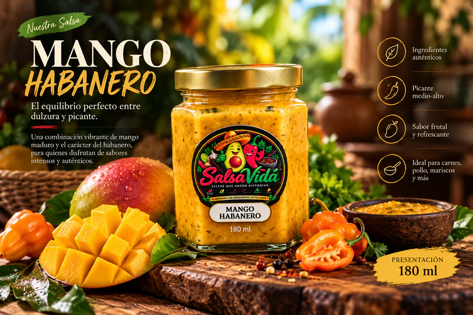Composición de marca de Mango Habanero, presentación de 180 ml