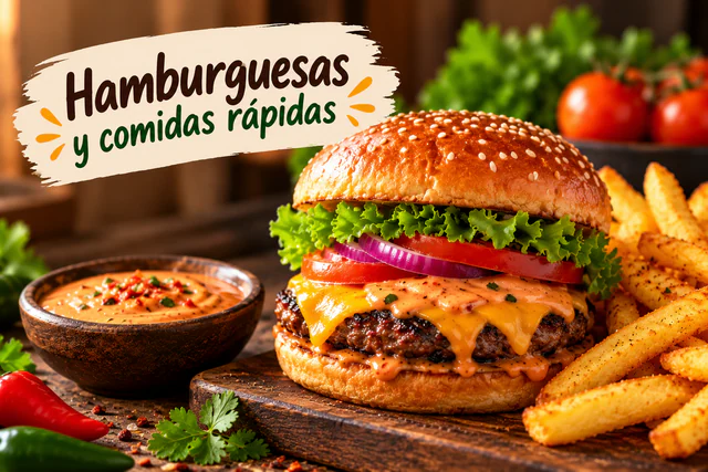 Imagen ilustrativa de hamburguesas y acompañamientos.