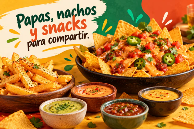 Imagen ilustrativa de nachos, papas y dips para compartir.