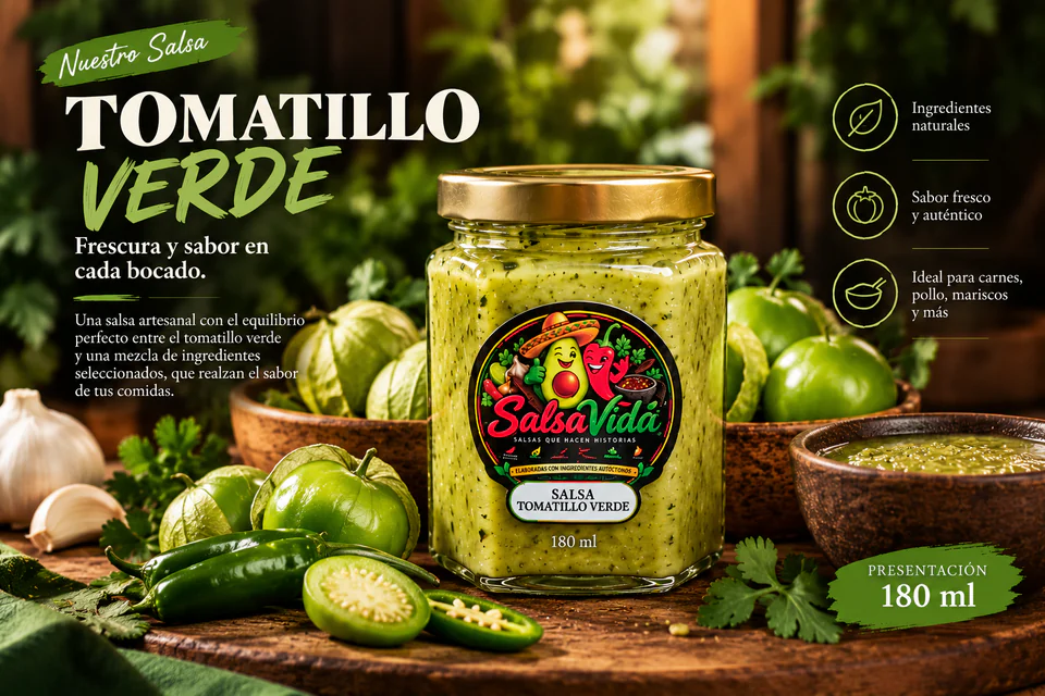 Composición de marca de Tomatillo Verde, presentación de 180 ml